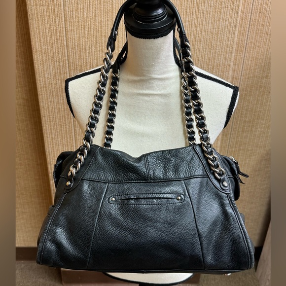 B. Makowsky Black Leather Satchel Leopard Interior - Picture 2 of 10